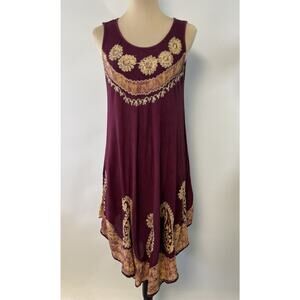 Y2K Boho Tie Dye Dress Rayon Embroidered Maroon XL Hippie Sundress Asymmetrical